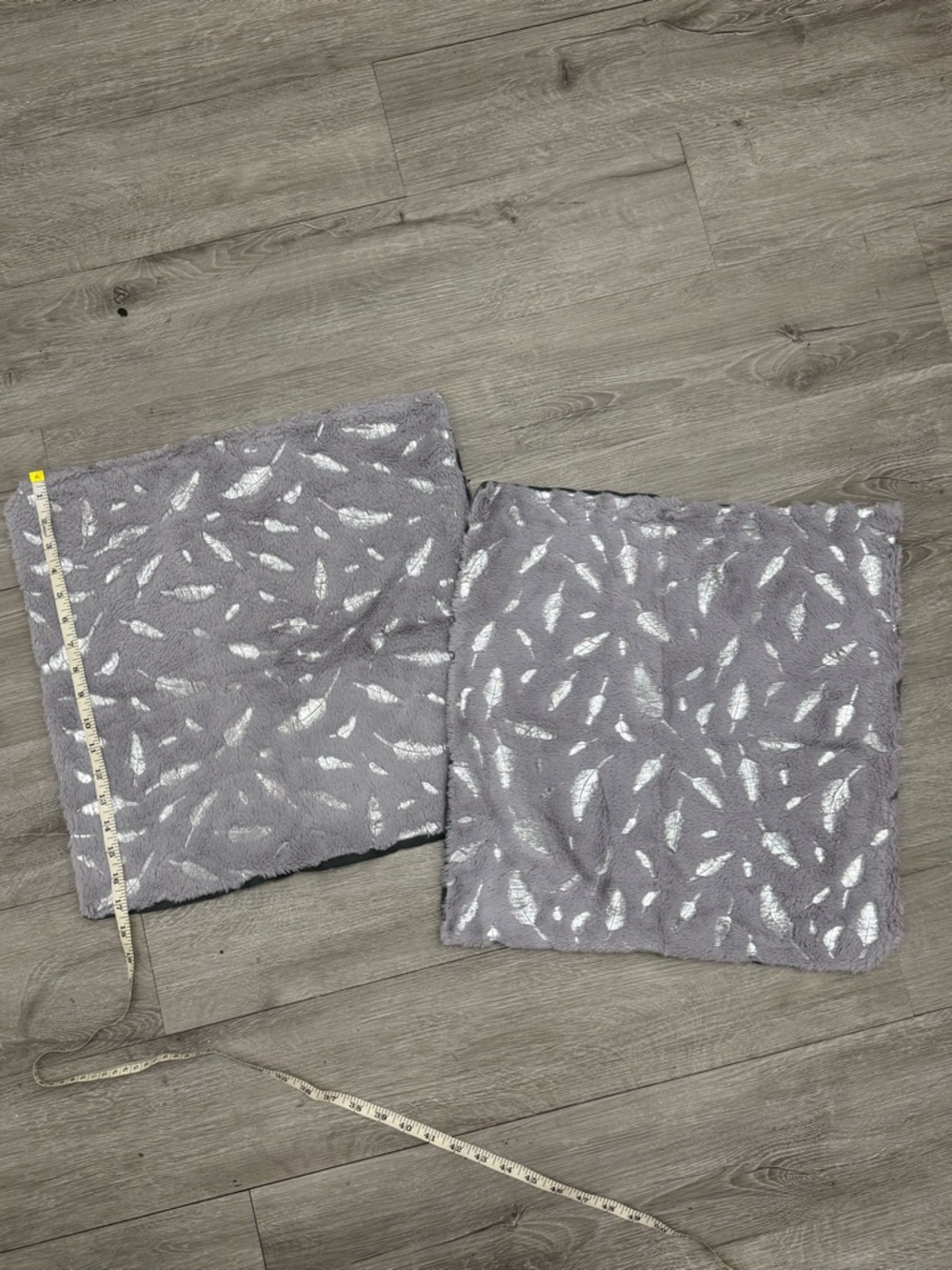 Set of 2 Light Gray Faux Fur Pillow Covers 18x18 Silver Feather Print Plush